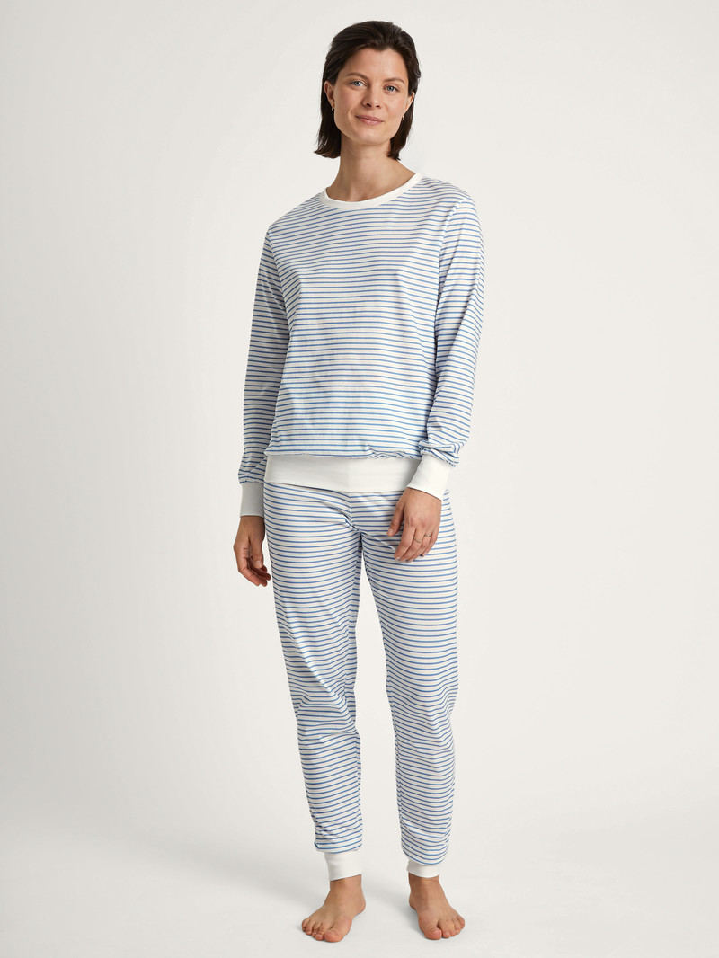 Women Calida Cotton Stripes Pyjama With Cuff Sleepwear Endless Sky | 036458-DYF