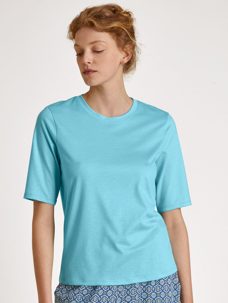 Women Calida Favourites Energy Shirt Short Sleeve Loungewear Blue Topaz | 730429-WSC