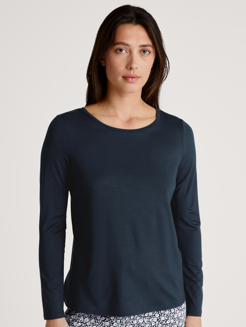 Women Calida Favourites Joy Ii Shirt Long Sleeve Sleepwear Peacoat Blue | 815429-BMY