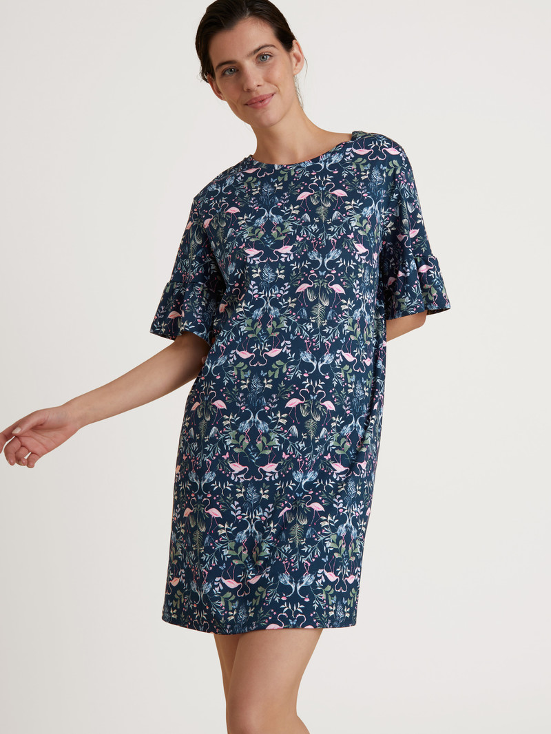 Women Calida Flamingo Dreams Sleepshirt, Length 90cm Sleepwear Dark Blue | 413085-QDK