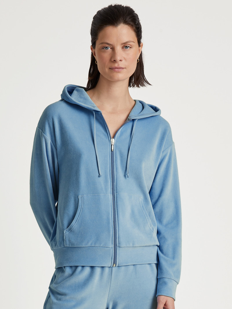 Women Calida Lounge Velours Jacket Loungewear Endless Sky | 193076-HWN