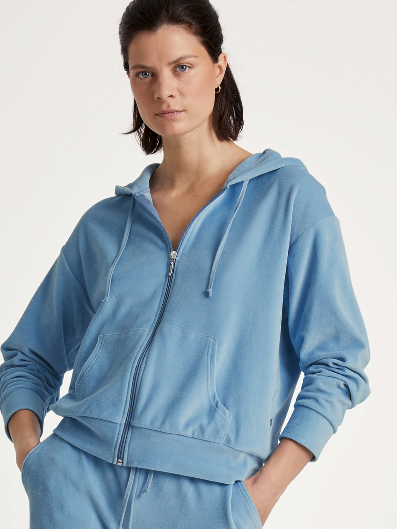 Women Calida Lounge Velours Jacket Loungewear Endless Sky | 193076-HWN