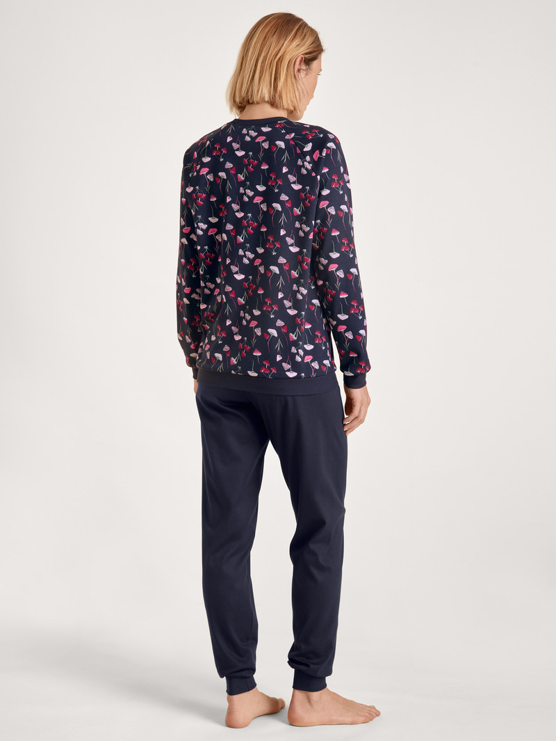 Women Calida Midnight Mushrooms Pyjama With Cuff Sleepwear Dark Lapis Blue | 416859-WKF