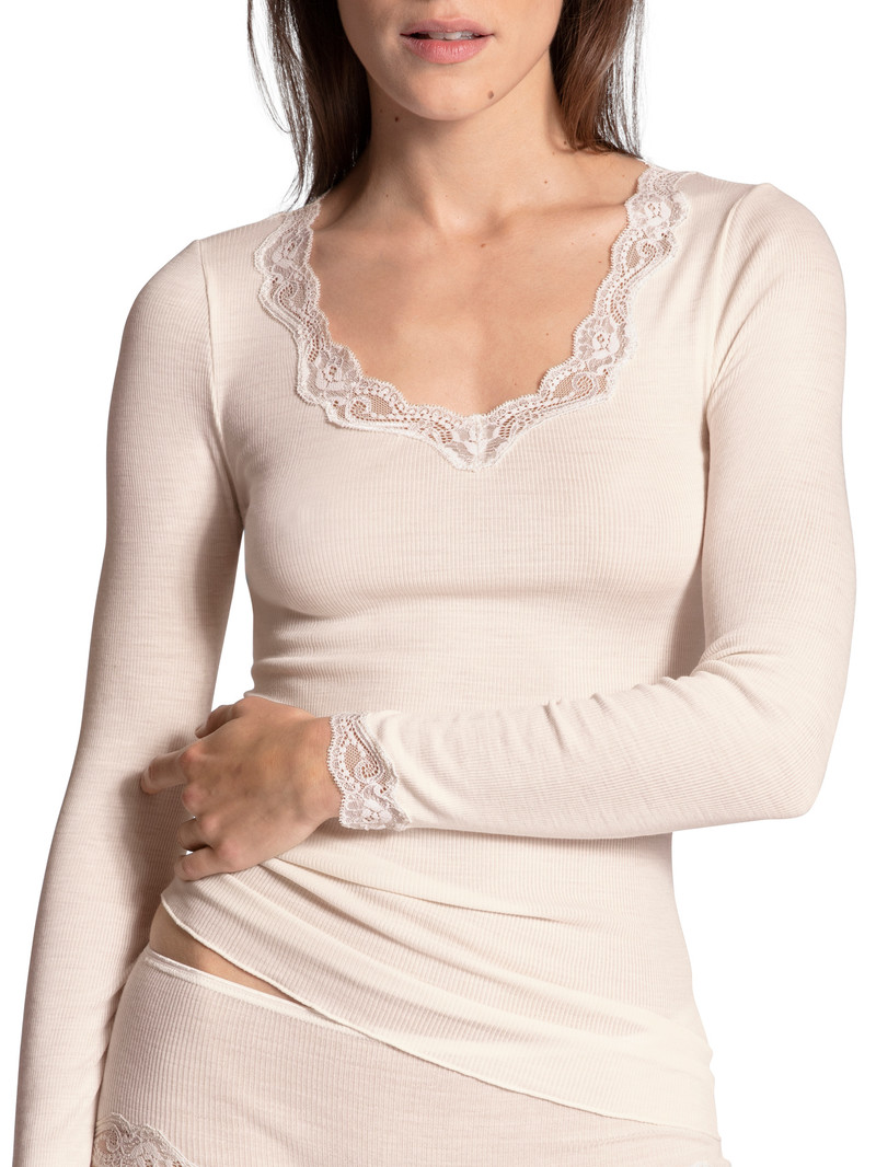 Women Calida Richesse Lace Shirt Long Sleeve Underwear Light Ivory | 206841-LTB