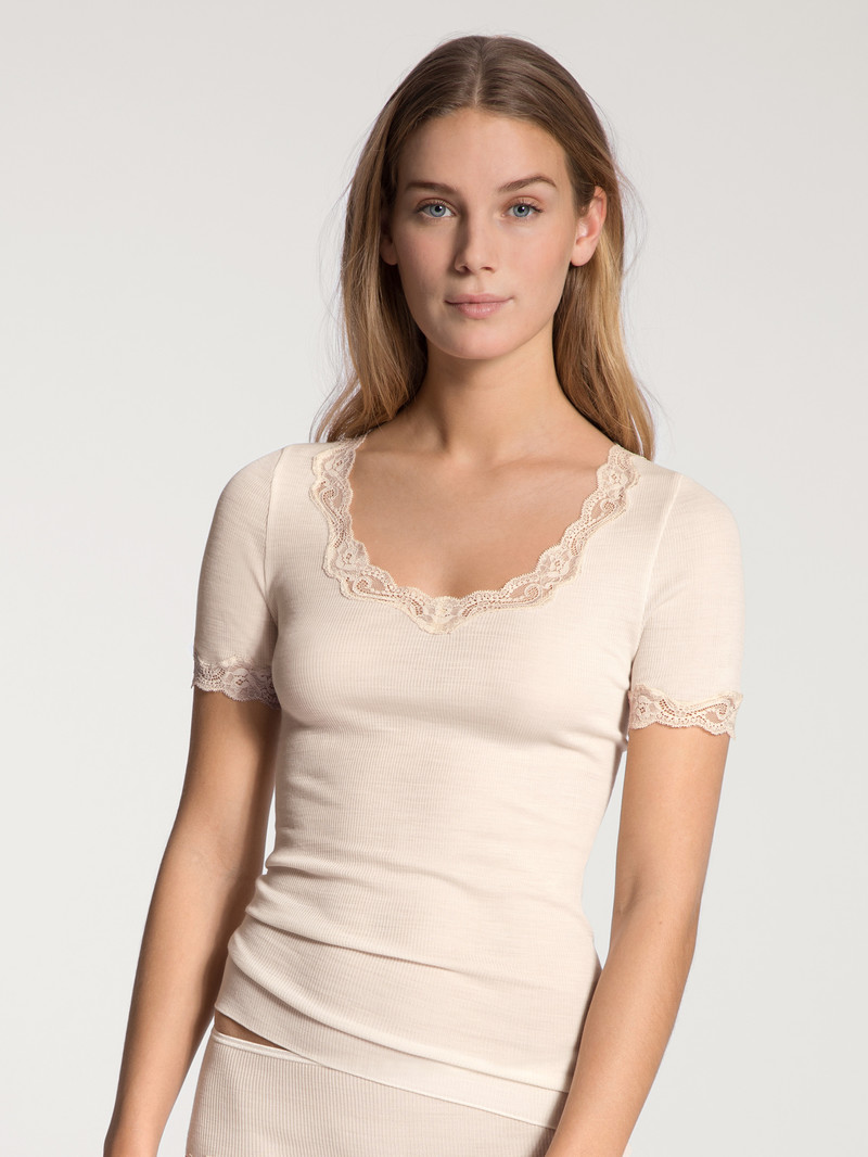 Women Calida Richesse Lace Shirt Short Sleeve Underwear Light Ivory | 149283-AHB