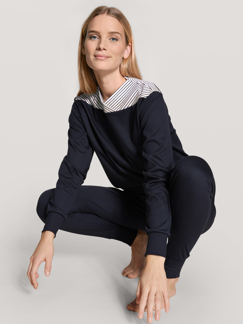 Women Calida Soulmate Pyjama With Cuff Sleepwear Dark Lapis Blue | 182397-XWA