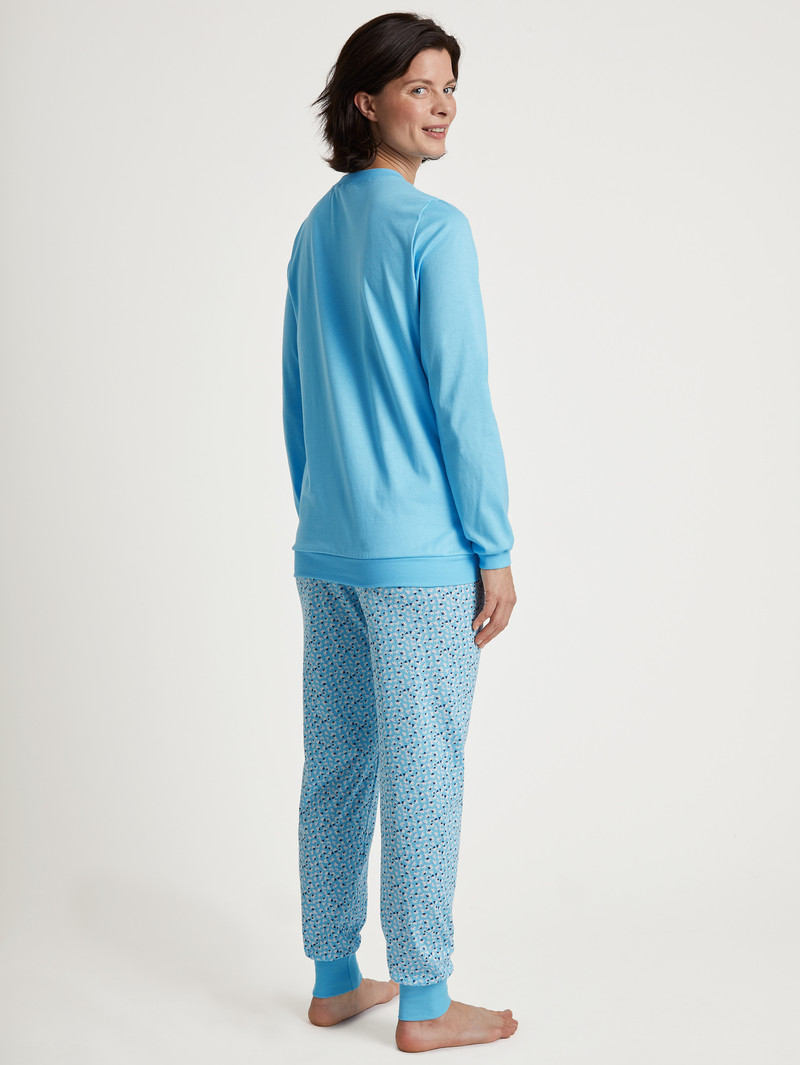 Women Calida Special Pyjama With Cuff Sleepwear Blue Topaz | 436205-ONV